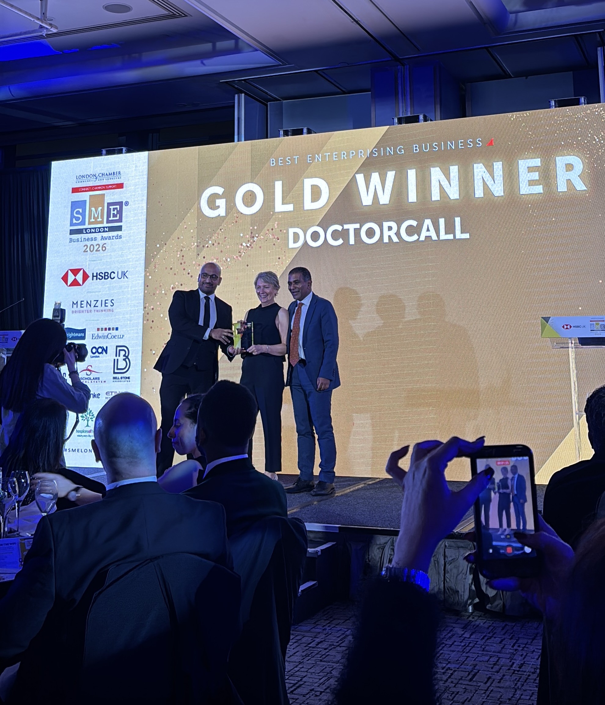 Selvavinayagam Vireswer and Wendy Carpenter receiving the Gold award at the LCCI SME London Business Awards 2026